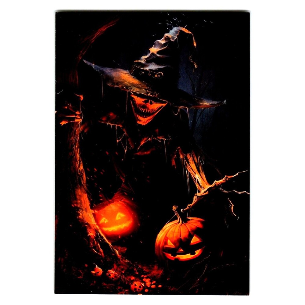 Spooky Halloween Scarecrow Jack-o'-Lantern Vintage Style Postcard Art